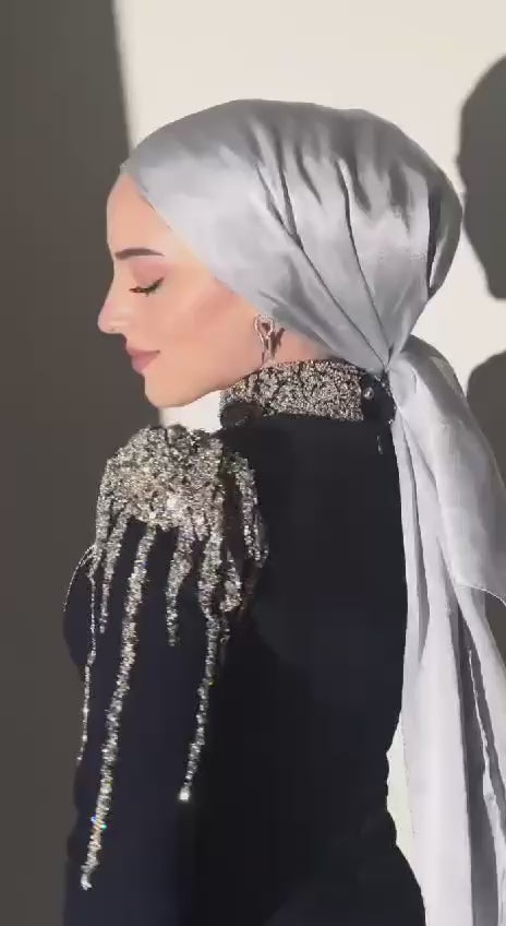 Turkish Double-Fabric Evening Dress with Shiny Accessory & Waist Belt