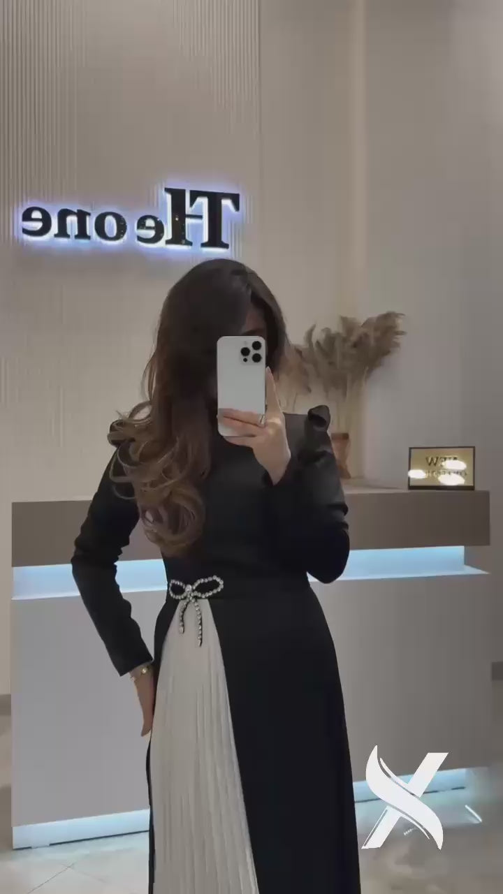 Modest Evening Dress – Turkish Crepe with Diamond Bow Waist Accessory