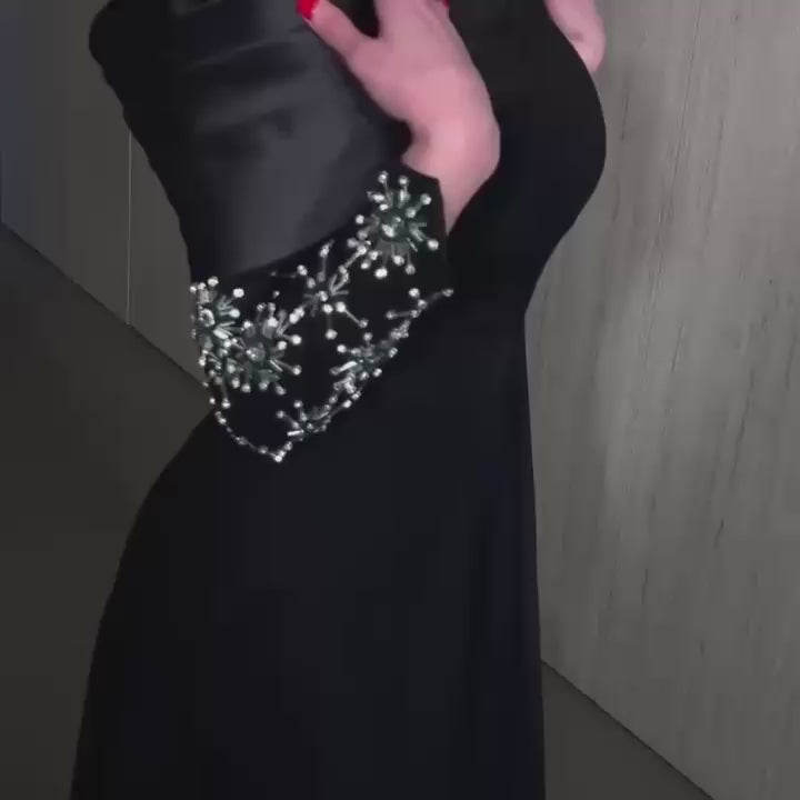 Embellished Korean Double-Fabric Jumpsuit with Long Shoulder Shawl