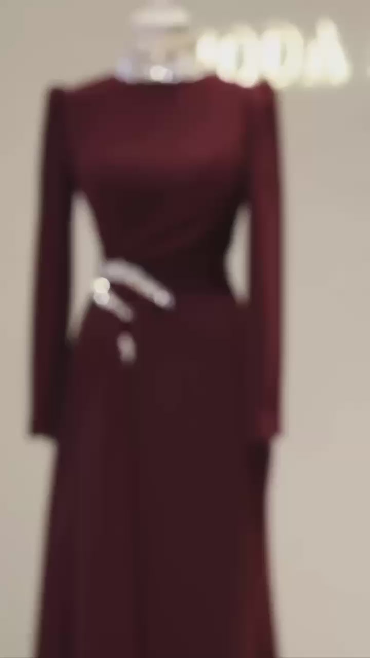 Modest Turkish Evening Dress – Double Fabric with Chiffon Waist Drape