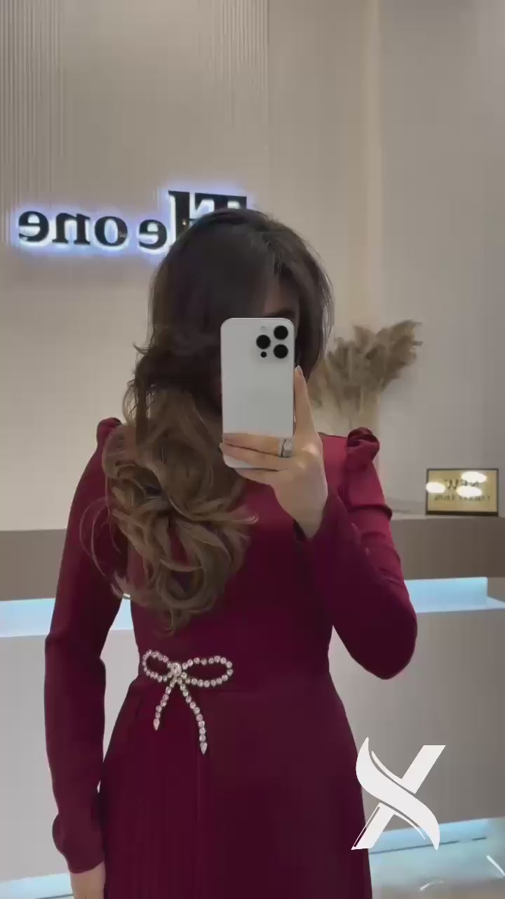 Modest Evening Dress – Turkish Crepe with Diamond Bow Waist Accessory