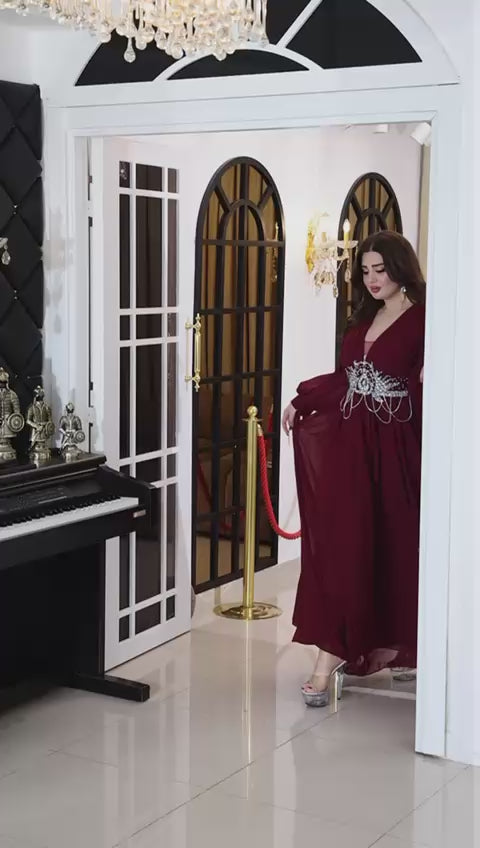 Plus-Size Modest Dress – Chiffon with Diamond & Chain Waist Detail