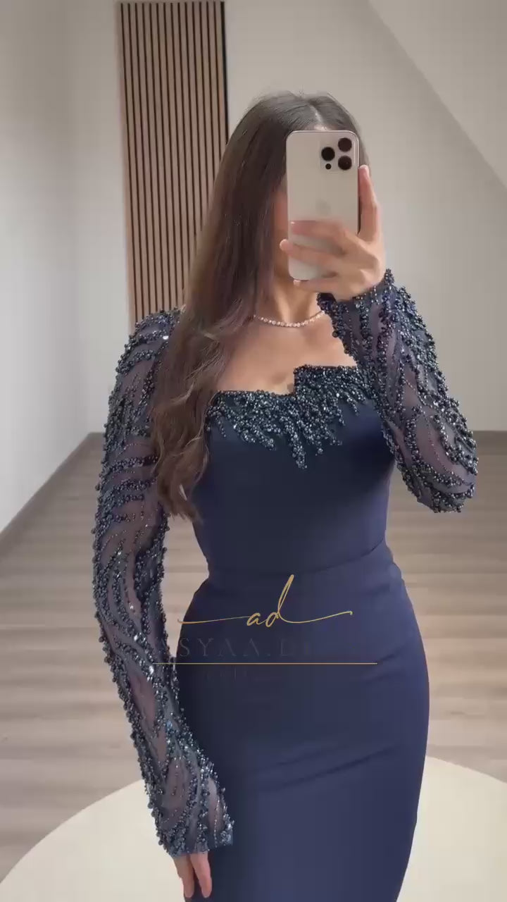 Evening Dress with Embroidered Sleeves – Italian Double Fabric