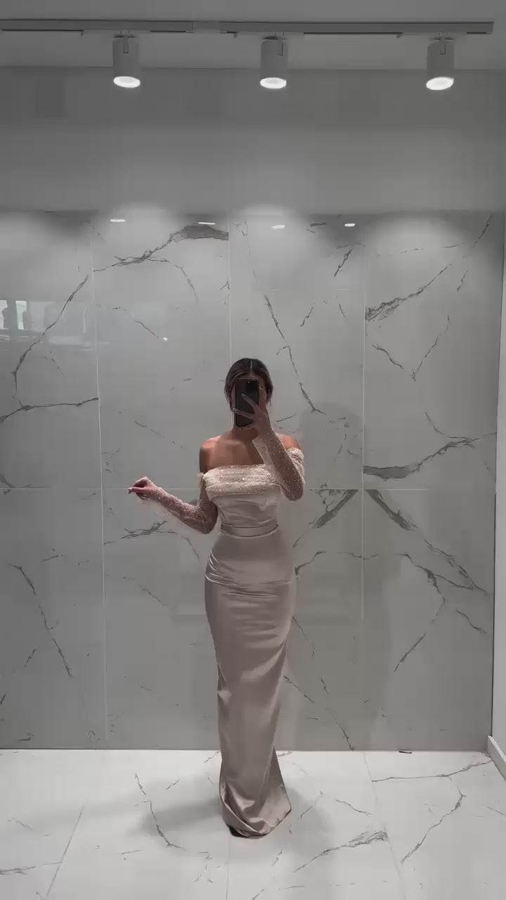 Turkish Evening Dress – Satin & Beaded Lace Top, Two-Piece Design