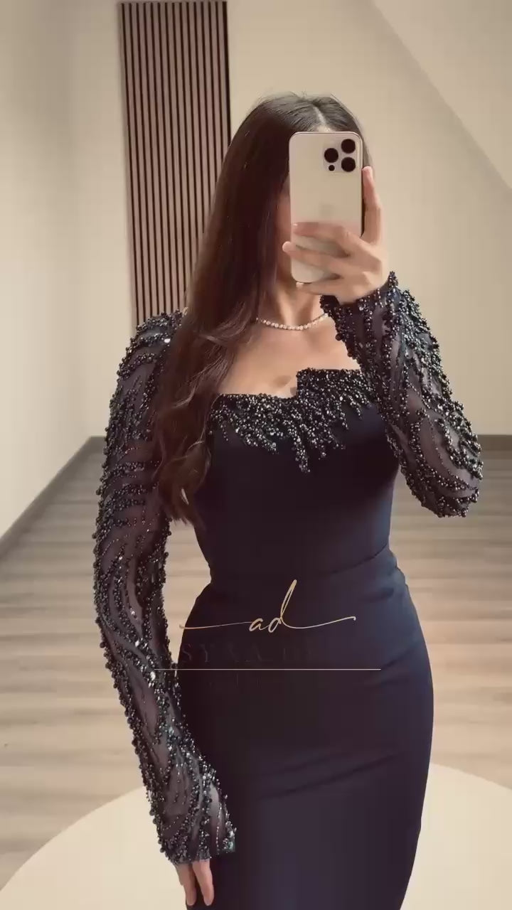 Evening Dress with Embroidered Sleeves – Italian Double Fabric