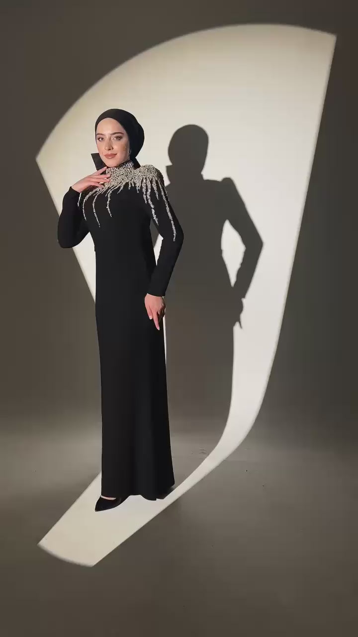 Turkish Double-Fabric Evening Dress with Shiny Accessory & Waist Belt