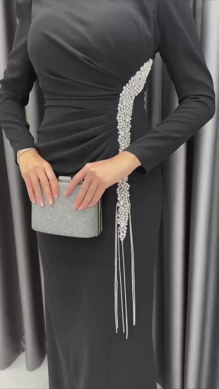 Modest Evening Dress – Turkish Crepe with Pearl & Accessory Trim