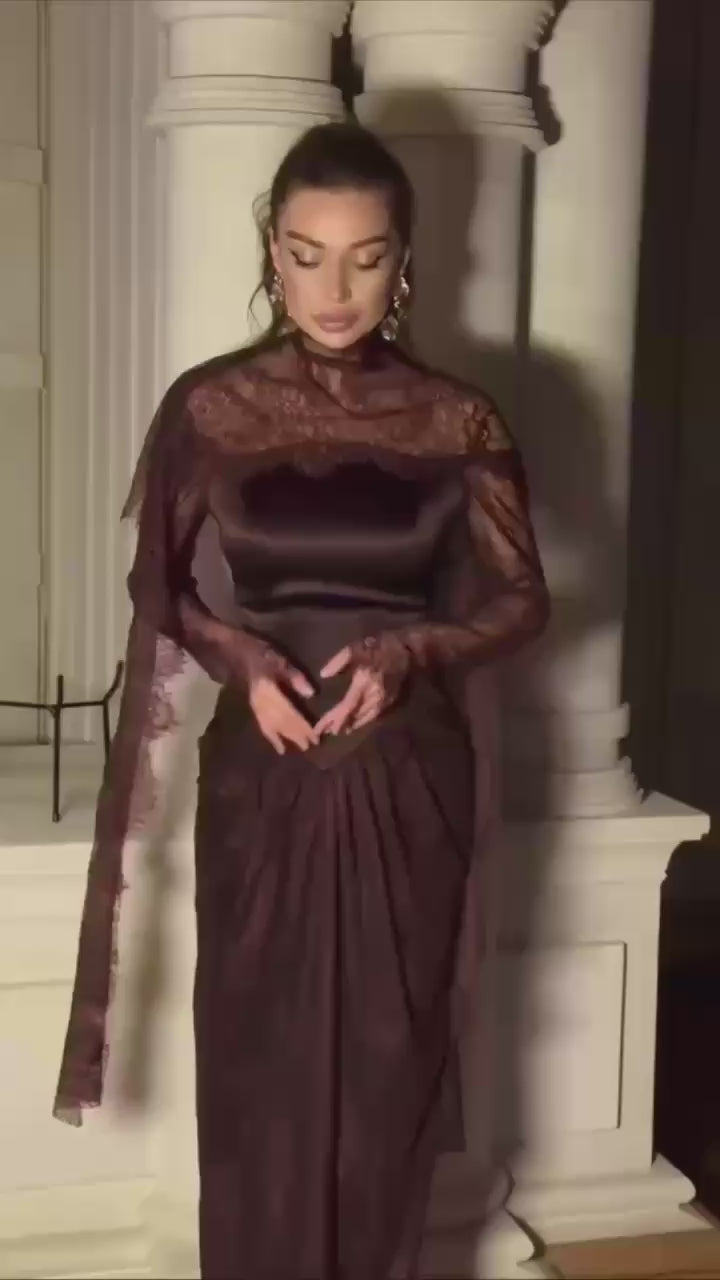 Two-Piece Evening Dress – Turkish Satin & Lace with Shoulder Shawl