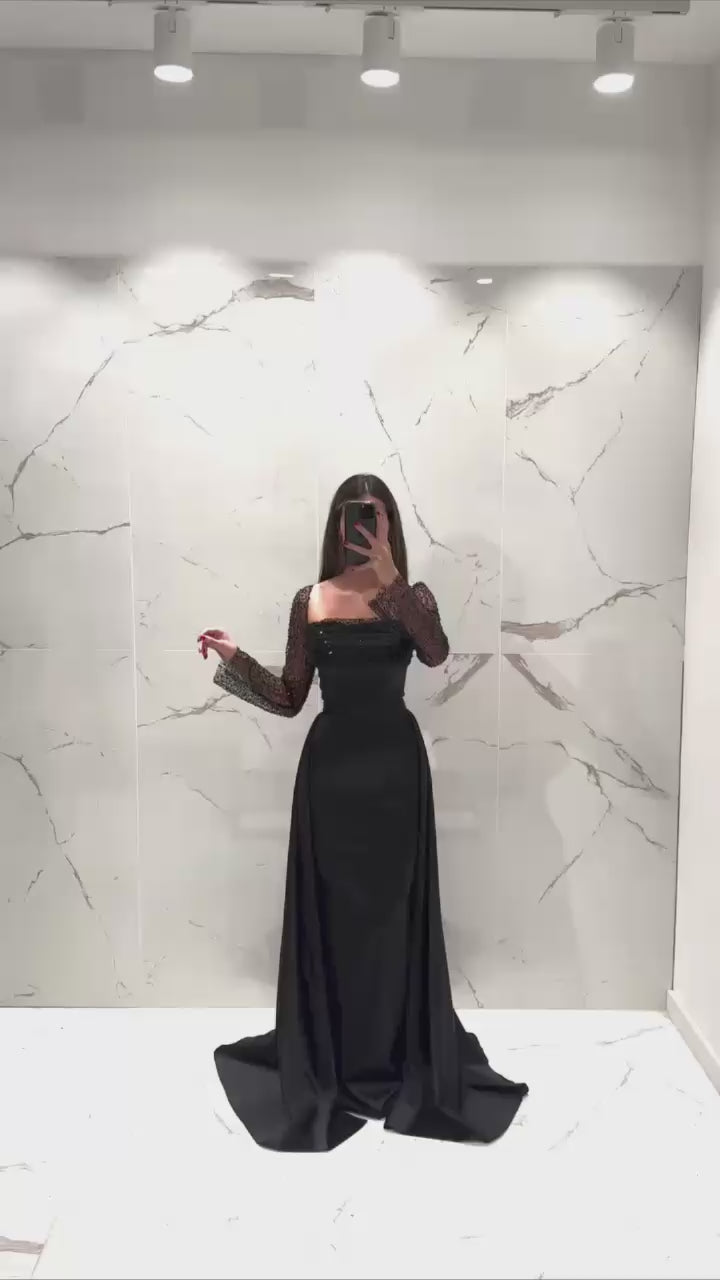 Turkish Evening Dress – Satin & Beaded Lace Top, Two-Piece Design