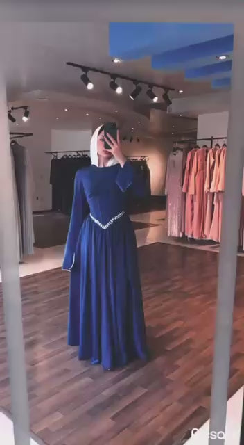 Turkish Modest Occasion Dress – Scuba Fabric with Diamond Waist Accessory