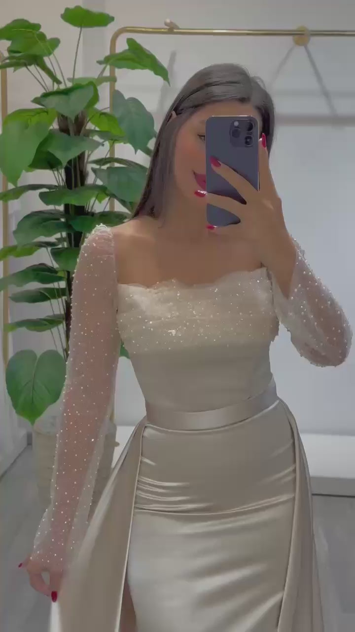 Turkish Evening Dress – Satin & Beaded Lace Top, Two-Piece Design