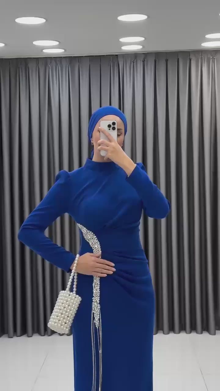 Modest Evening Dress – Turkish Crepe with Pearl & Accessory Trim