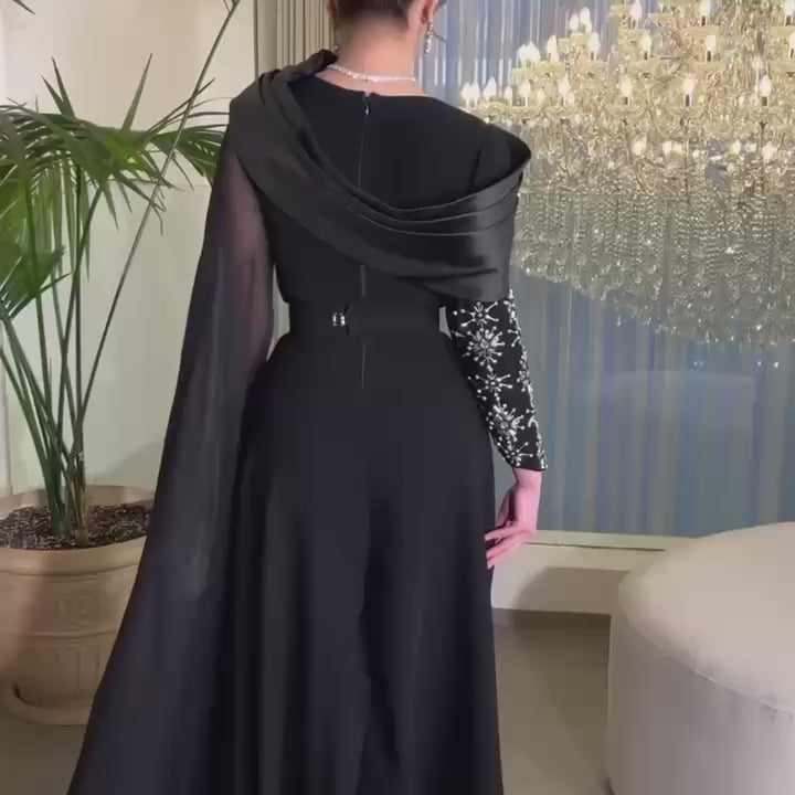 Embellished Korean Double-Fabric Jumpsuit with Long Shoulder Shawl