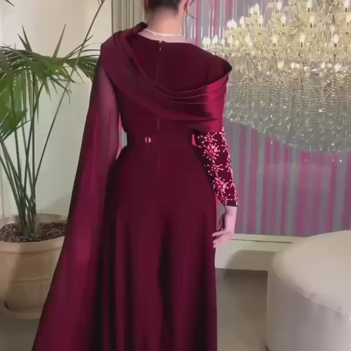 Embellished Korean Double-Fabric Jumpsuit with Long Shoulder Shawl