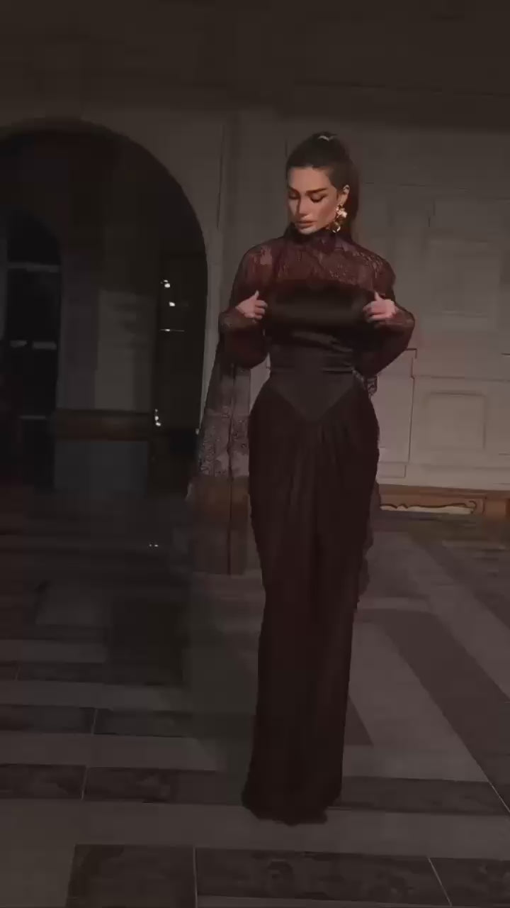 Two-Piece Evening Dress – Turkish Satin & Lace with Shoulder Shawl