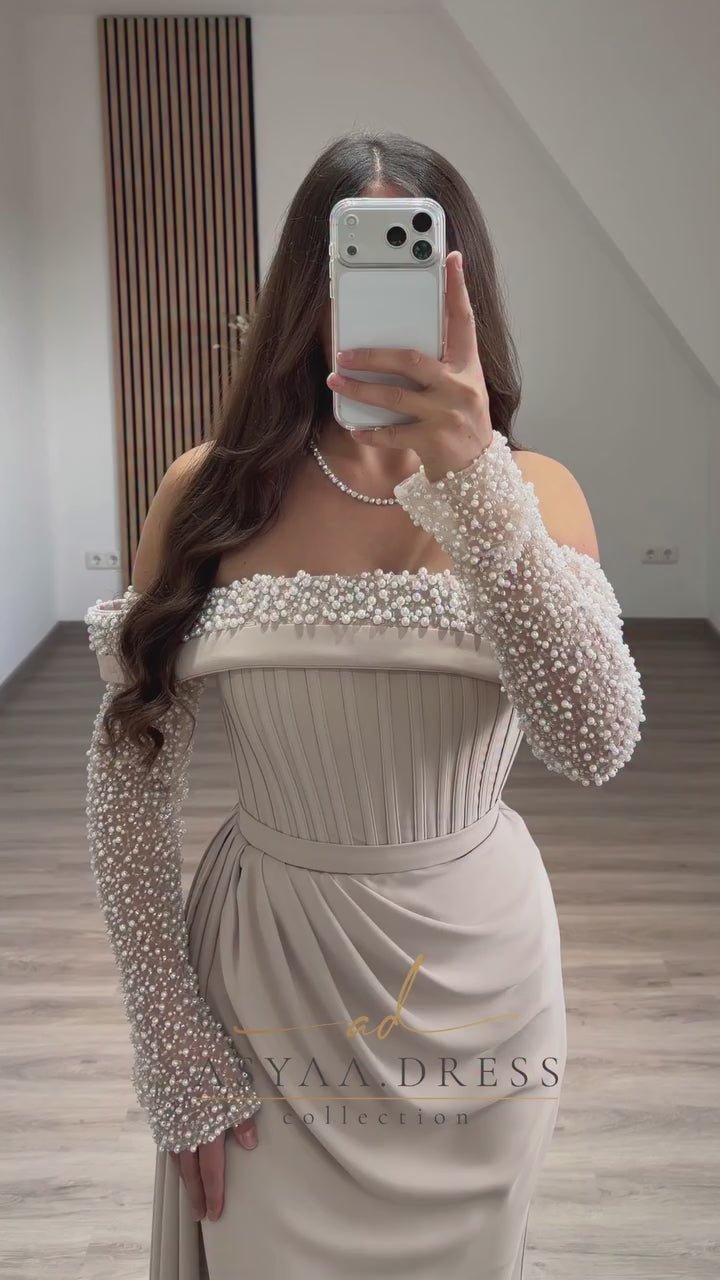 Turkish Evening Dress – Dail Fabric with Pearl Embellishments