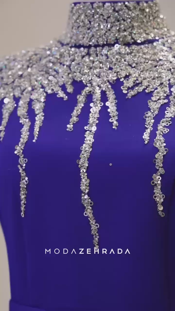 Turkish Double-Fabric Evening Dress with Shiny Accessory & Waist Belt