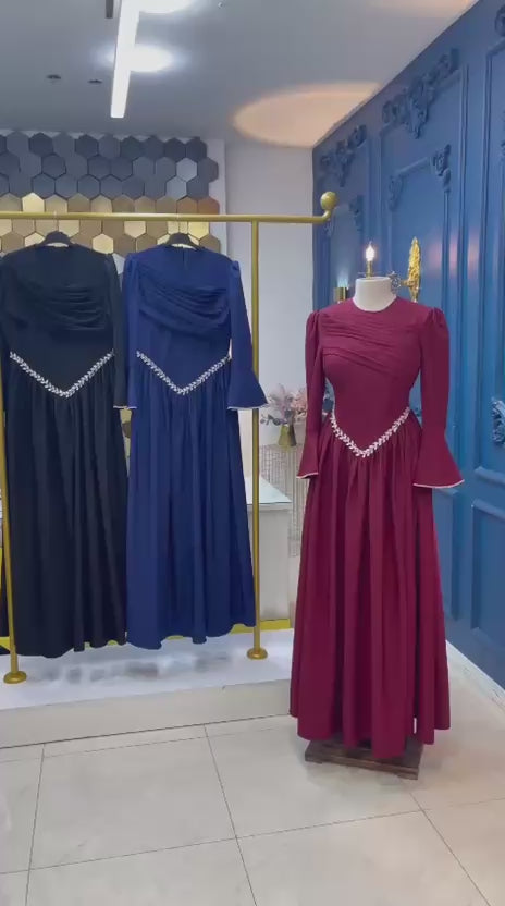 Turkish Modest Occasion Dress – Scuba Fabric with Diamond Waist Accessory