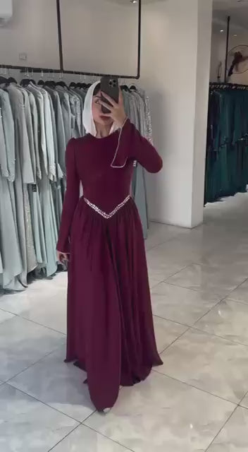 Turkish Modest Occasion Dress – Scuba Fabric with Diamond Waist Accessory