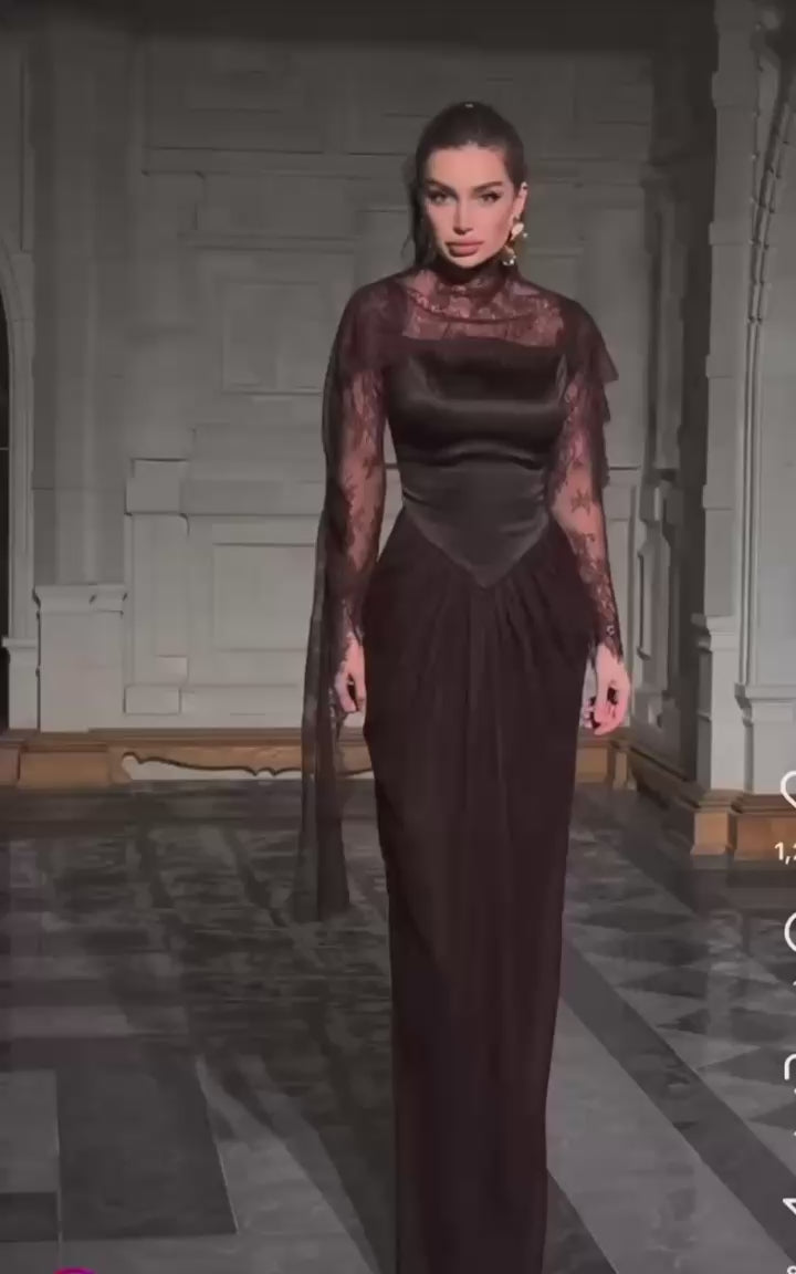 Two-Piece Evening Dress – Turkish Satin & Lace with Shoulder Shawl