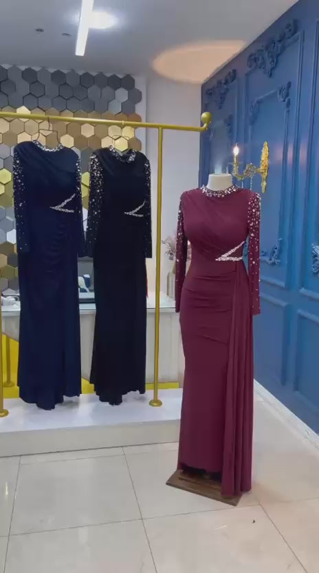 Turkish-Style Modest Dress – Sandy Lycra with Diamond Waist & Sleeve Accessory