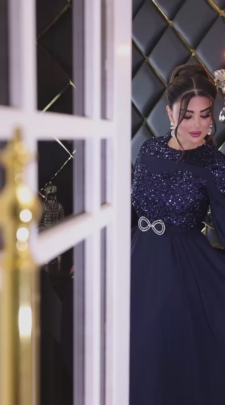 Plus-Size Turkish Modest Dress – Chiffon Wide Skirt & Shiny Bodice