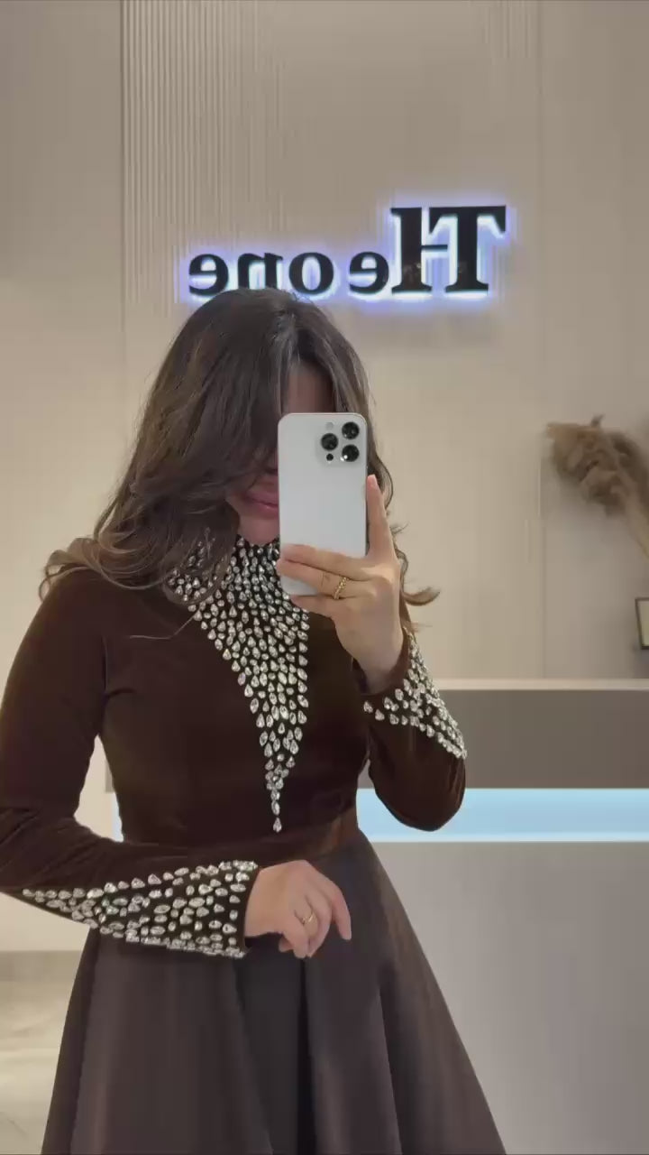 Modest Evening Dress – Velvet & Satin with Pearl Embellishments