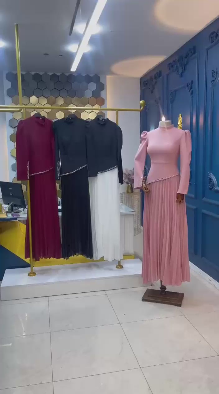 Turkish Modest Dress – Double Fabric with Chiffon & Diamond Details