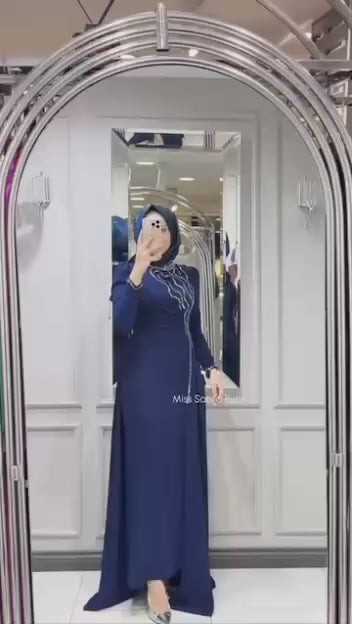 Turkish Modest Dress – Italian Double Fabric with Shiny Chest Accessory