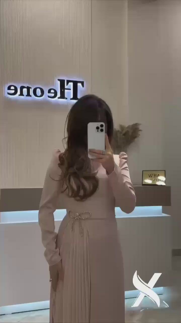 Modest Evening Dress – Turkish Crepe with Diamond Bow Waist Accessory