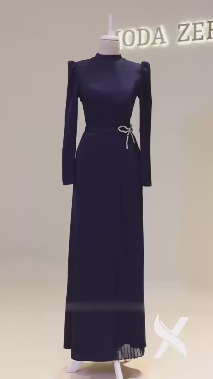 Modest Evening Dress – Turkish Crepe with Diamond Bow Waist Accessory